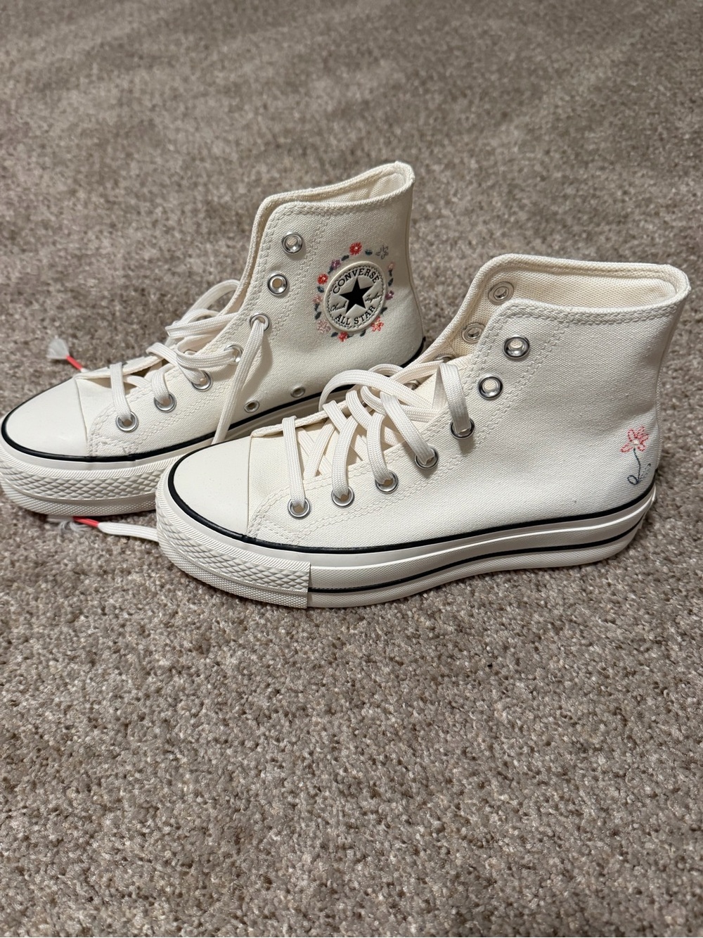 Converse Women's High-Top Sneakers in Cream with Pink & Green Floral Embroidery